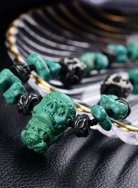 天然湖北原矿无优化绿松石项链骷髅头吊坠项链锁骨链湖北松石项链