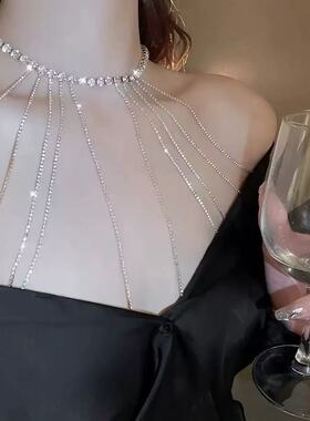 欧美满钻长款项链个性新娘礼服夸张流苏肩链身体链一体式配饰项饰