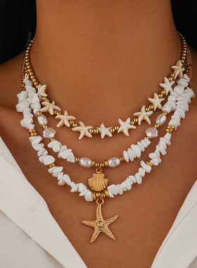 欧美跨境沙滩软陶仿珍珠叠戴款碎石项饰女不规则贝壳海星串珠