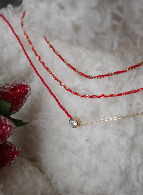 HONEY.14k金红绳泡泡钻手链 精致日系极细编织小金珠红色新年手链