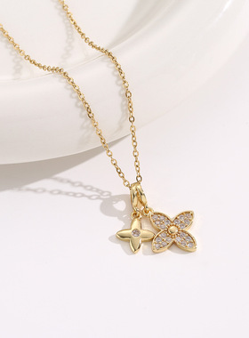 新款热销韩国风双四叶草吊坠钛钢项链女保色简约时尚流行饰品