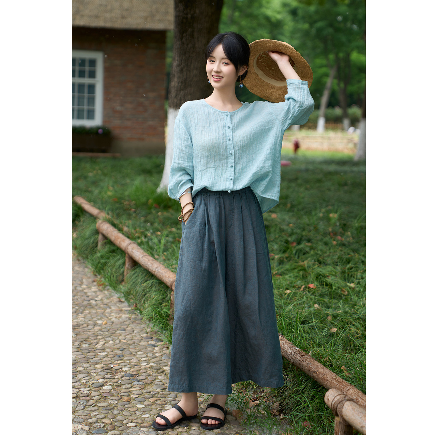 忘城A1342座/吹进夏天的风/夏薄款17支色织亚麻九分阔腿裤小个子 忘城座织实拍商品图