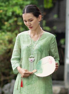 忘城Q091座/小荷初上/原创设计手工苏绣吊坠玛瑙项链国风款