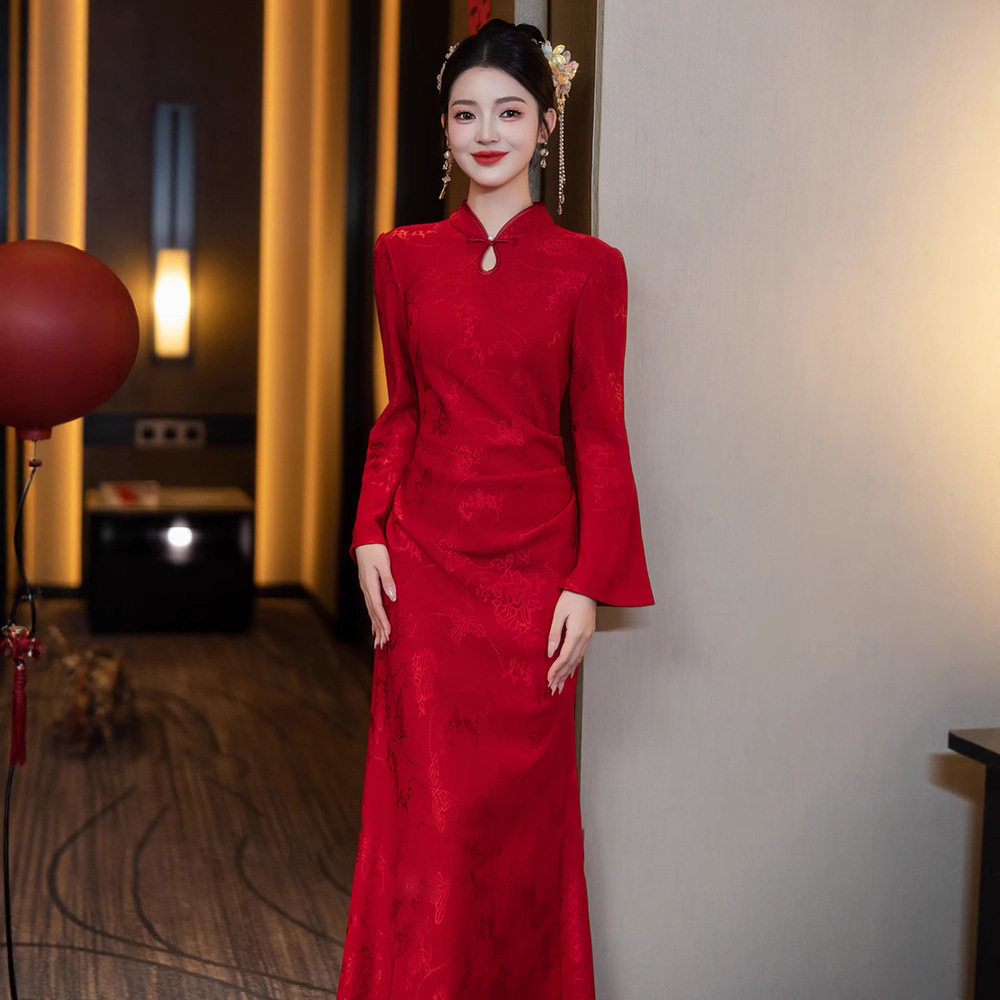 高级感红色旗袍敬酒服新娘新中式订婚礼服结婚绝美喇叭袖鱼尾裙女,淘宝优惠券,粉丝福利购,淘宝优惠卷