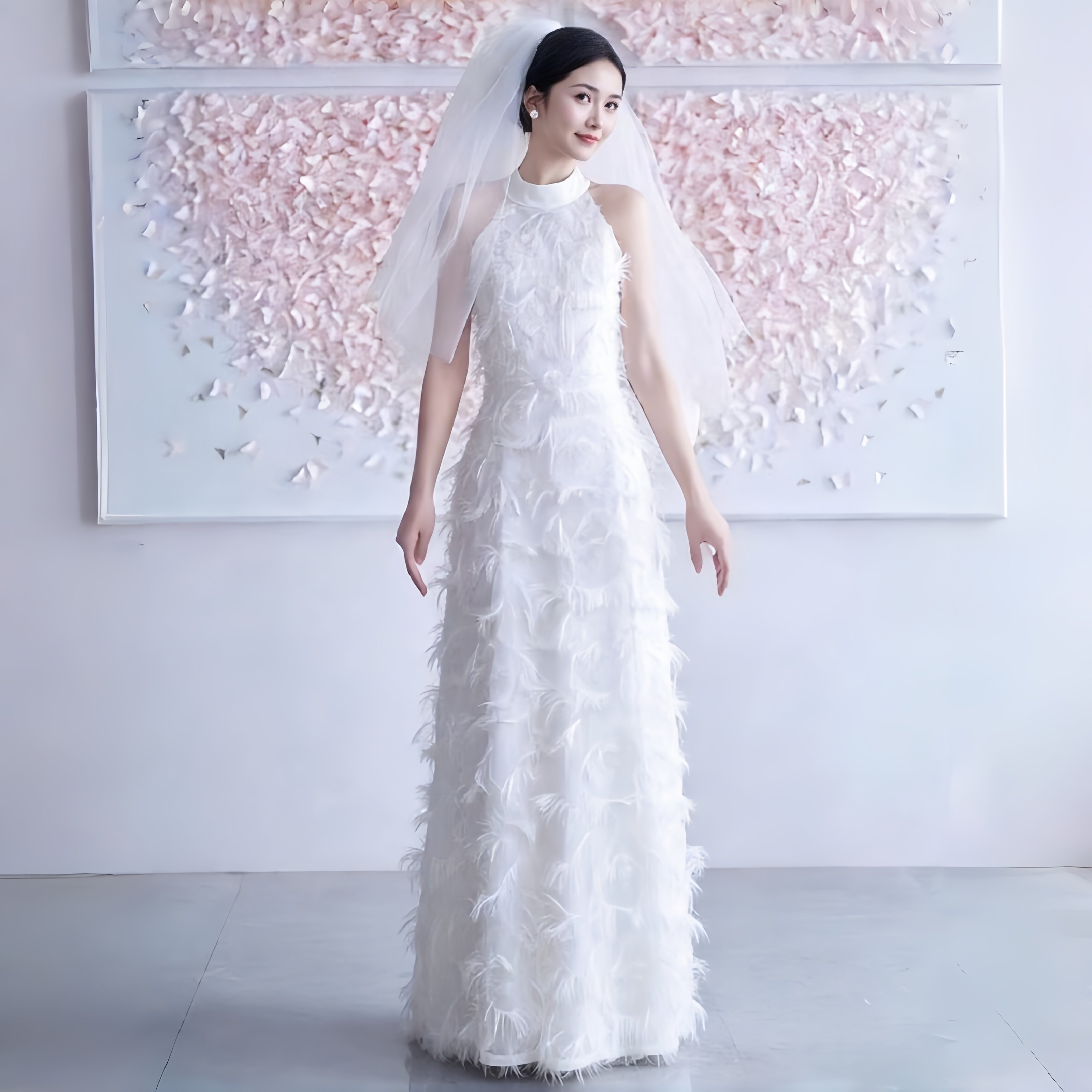 新娘晨袍敬酒服羽毛拼接宴会气质挂脖晚礼服订婚连衣裙轻婚纱长裙,淘宝优惠券,粉丝福利购,淘宝优惠卷