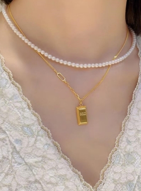 金包银暴富小金条项链女2025年新款招财小金砖吊坠方牌锁骨链礼物