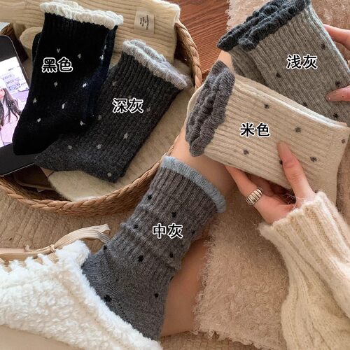 女童袜子春秋款保暖加厚圆点冬款厚款儿童复古拼色波点卷边中筒袜 - 图1