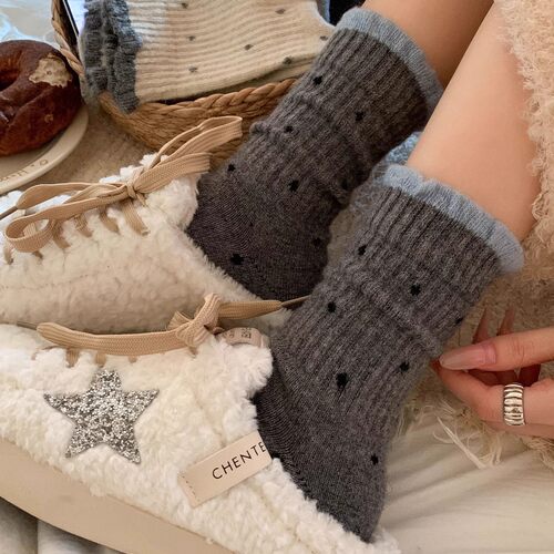 女童袜子春秋款保暖加厚圆点冬款厚款儿童复古拼色波点卷边中筒袜 - 图2