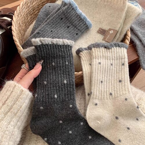 女童袜子春秋款保暖加厚圆点冬款厚款儿童复古拼色波点卷边中筒袜 - 图0