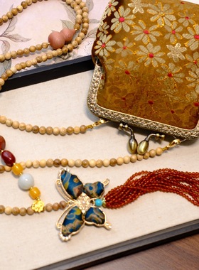 新中式国风檀木蝴蝶小雏菊面料流苏项链女轻奢斜挎包链手机链