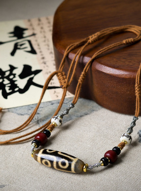 藏饰牙黄六眼天珠手工编织文玩项链民族风骨头鹿角毛衣链特色饰品