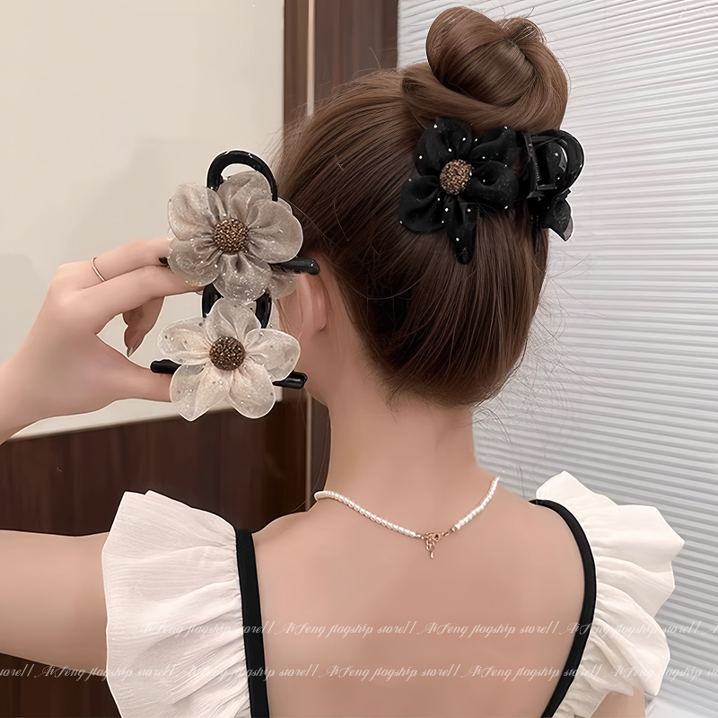 网纱花朵抓夹女发量少发夹2025新款高端后脑勺鲨鱼夹发夹夹子头饰 - 图3