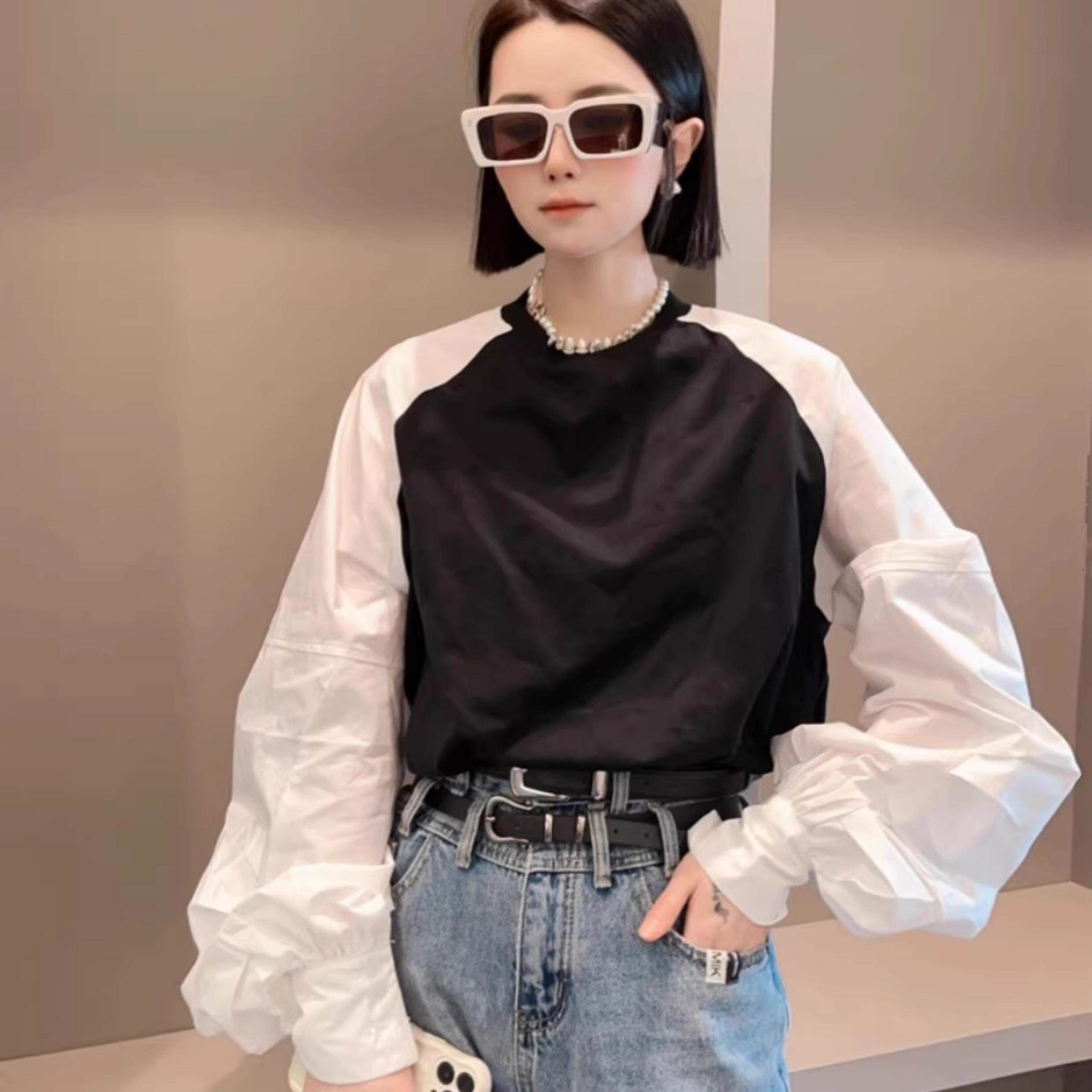 【现货】衬衫圆领上衣女春夏新款拼接长袖超洋气欧货小衫热销爆款