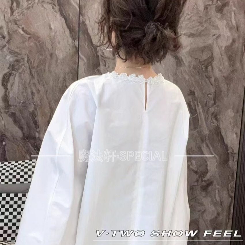 宽松长袖衬衫女2025新款花朵钉珠圆领灯笼袖纯色衬衣欧洲站冬季q,淘宝优惠券,粉丝福利购,淘宝优惠卷