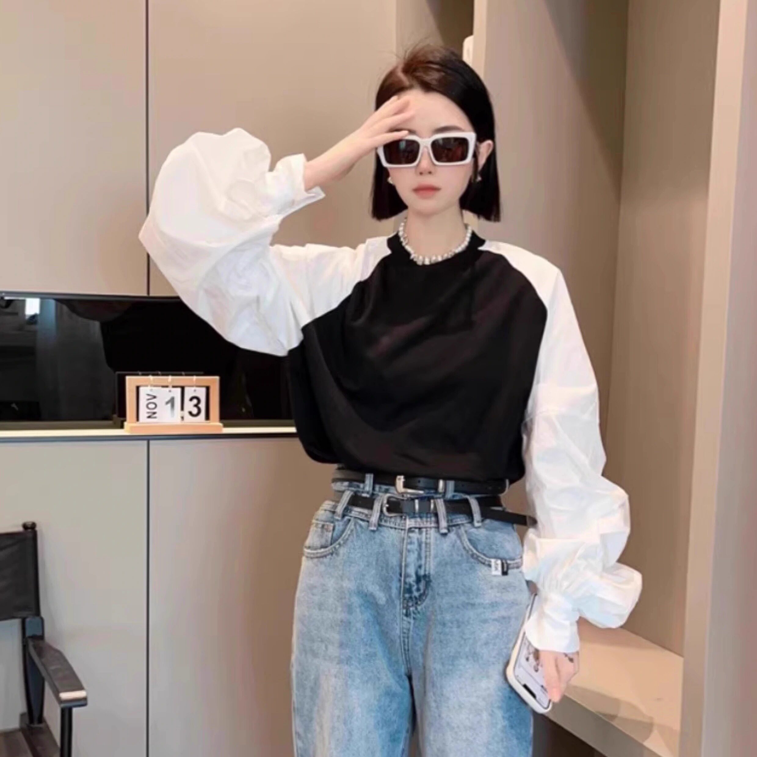 【现货】衬衫圆领上衣女春夏新款拼接长袖超洋气欧货小衫热销爆款