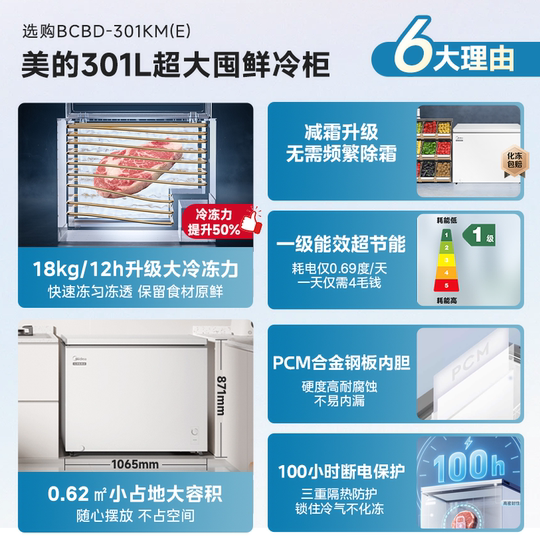美的301L大容量冰柜家用商用两用冷柜卧式全冷冻冷藏一级官方冰箱