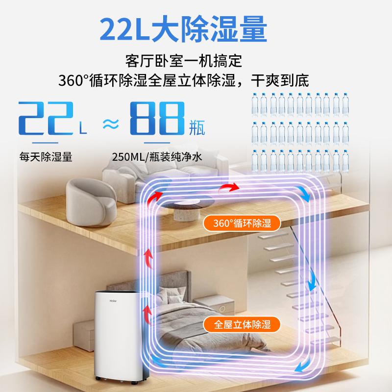 海尔除湿机家用抽湿机轻音小型吸湿器室内干衣去湿除潮神器大功率