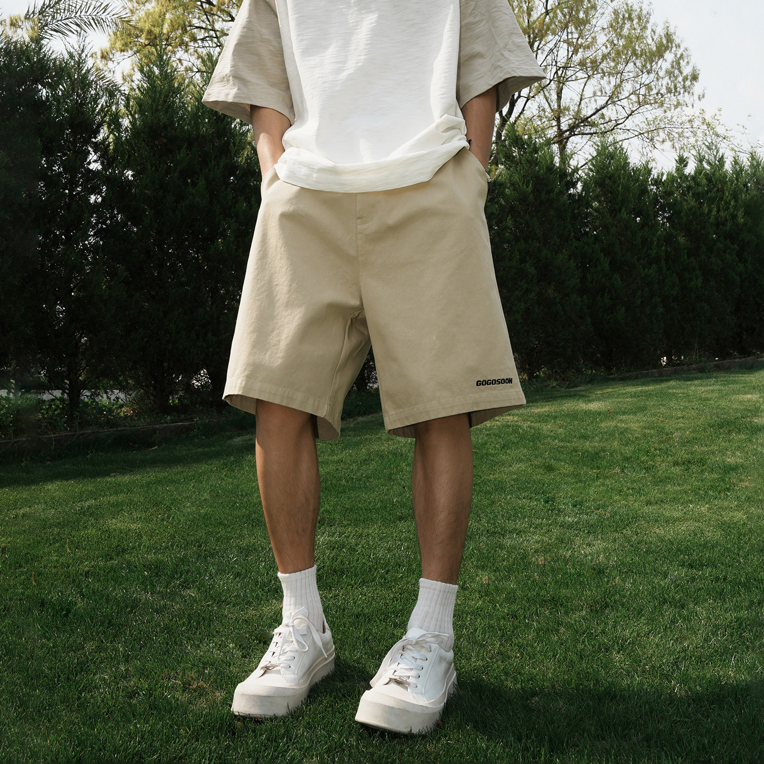 GOGOSOON夏季新款休闲短裤285g男logo刺绣半松紧腰宽松直筒五分Q,淘宝优惠券,粉丝福利购,淘宝优惠卷