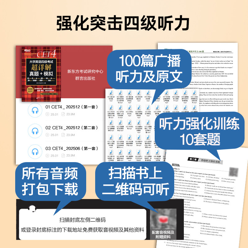 备考2025年6月(含12月真题)新东方大学英语四级真题超详解 考试历年真题试卷四六级备战资料cet4级词汇单词书卷阅读听力专项训练套