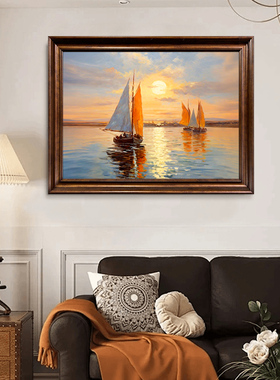 【启航】手绘油画中古风装饰画美式法式玄关客厅挂画帆船高级感