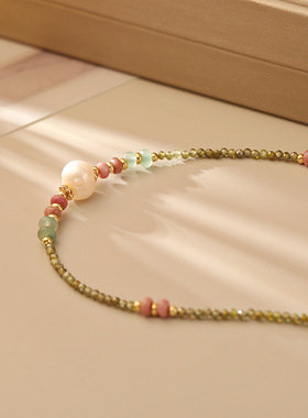 【绿东陵粉蔷薇】天然淡水珍珠项链彩色多巴胺甜美精致清新锁骨链