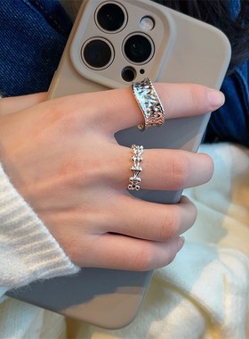 跨境冷淡风小众设计感暗黑褶皱肌理宽面戒指简约时尚龙骨食指戒