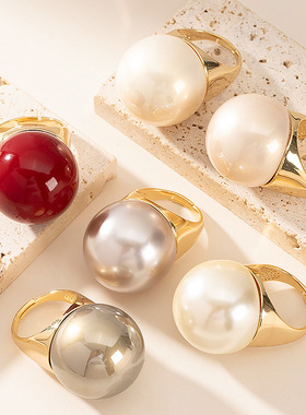 跨境欧美夸张时尚镶珍珠开口戒指女小众个性设计感可调节活口指环