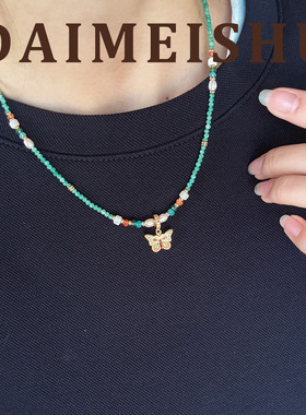 【青蝶逐春】多巴胺彩色滴油珐琅蝴蝶串珠项链轻奢高级珍珠锁骨链