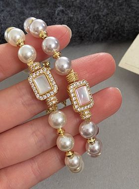 跨境天然贝母卡扣法式真多麻灰色珍珠手链女轻奢小众曼塔玫瑰手饰