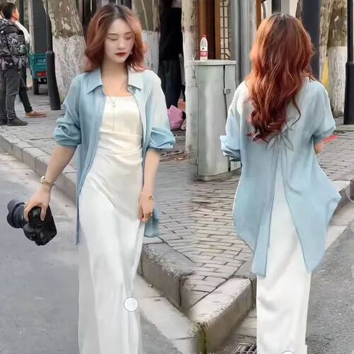 高级感气质套装夏季洋气设计感薄款衬衫上衣+显瘦吊带裙两件套潮 - 图3