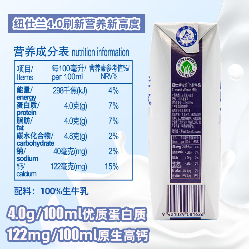 新西兰原装进口纽仕兰4.0全脂低脂高钙成人纯牛奶250ml*24盒整箱 - 图1