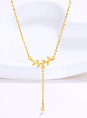 旭平首饰流苏光珠吊坠树叶项链女小众设计感气质锁骨链饰品