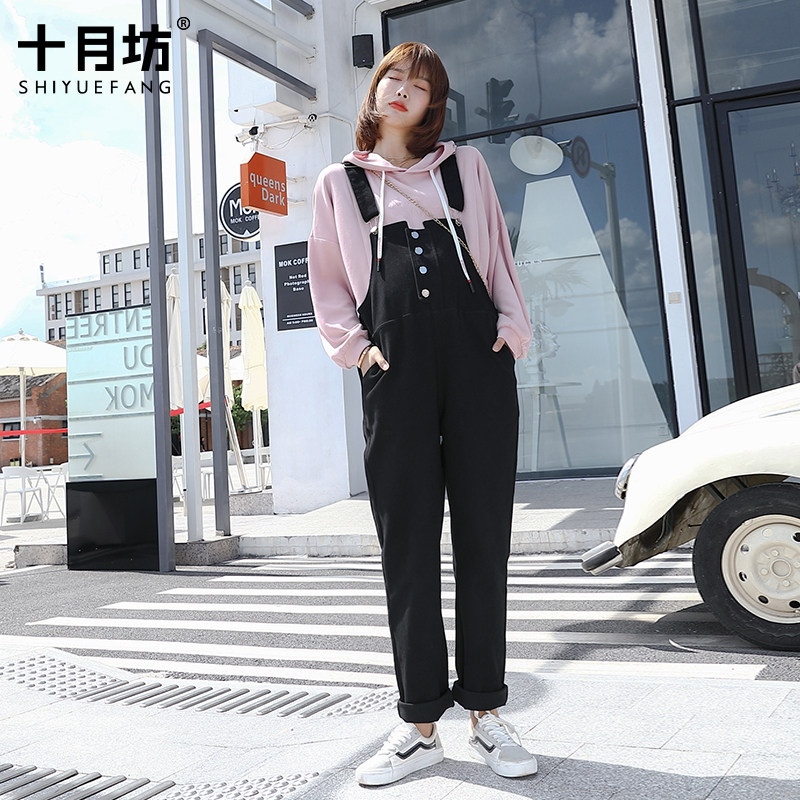 孕妇背带裤春秋款套装外出潮牛仔裤 十月坊孕妇打底裤