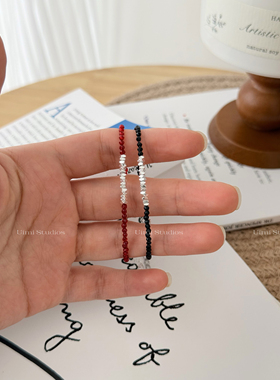 Uimi手作“岁岁年年”显白碎银黑红色极细小众淡人尖晶石戒指手链