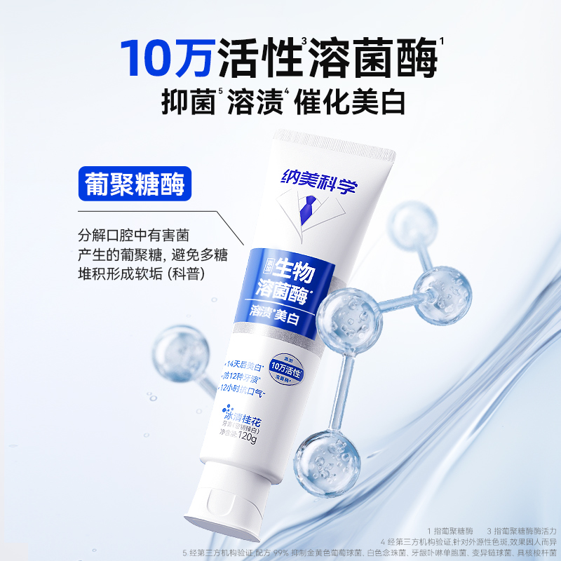 纳美科学生物溶菌酶牙膏美白去黄口臭溶解牙渍速效洗白清新口气