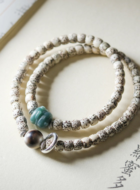 禅意复古新中式星月菩提双圈手串文玩菩提根招财猫国风手链民族风