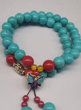 女绿松景泰蓝朱砂蝴蝶双圈手链