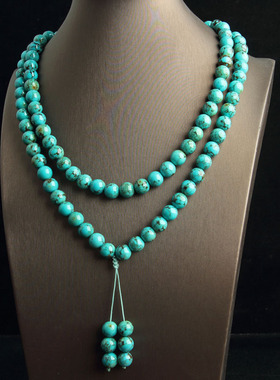 西藏老矿优化绿松石108佛珠手串带铁线民族风毛衣链藏式项链高瓷