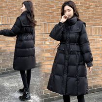 2023 new down cotton clothes woman in the middle of a long section of the body with a waist and navy upright collar black cotton clothe 100 lap thickened jacket