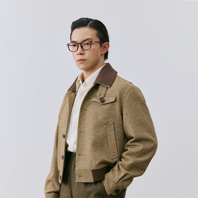 【50%羊毛】平圆方中宽松短款脱卸领粗花呢拼接针织夹克外套男款 - 图2