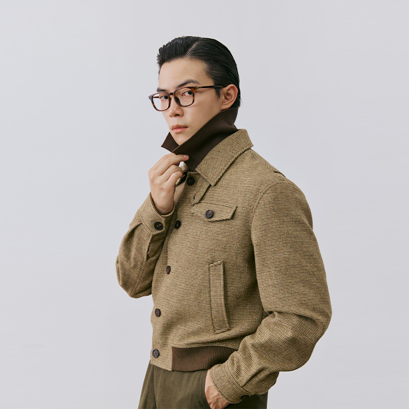 【50%羊毛】平圆方中宽松短款脱卸领粗花呢拼接针织夹克外套男款 - 图0