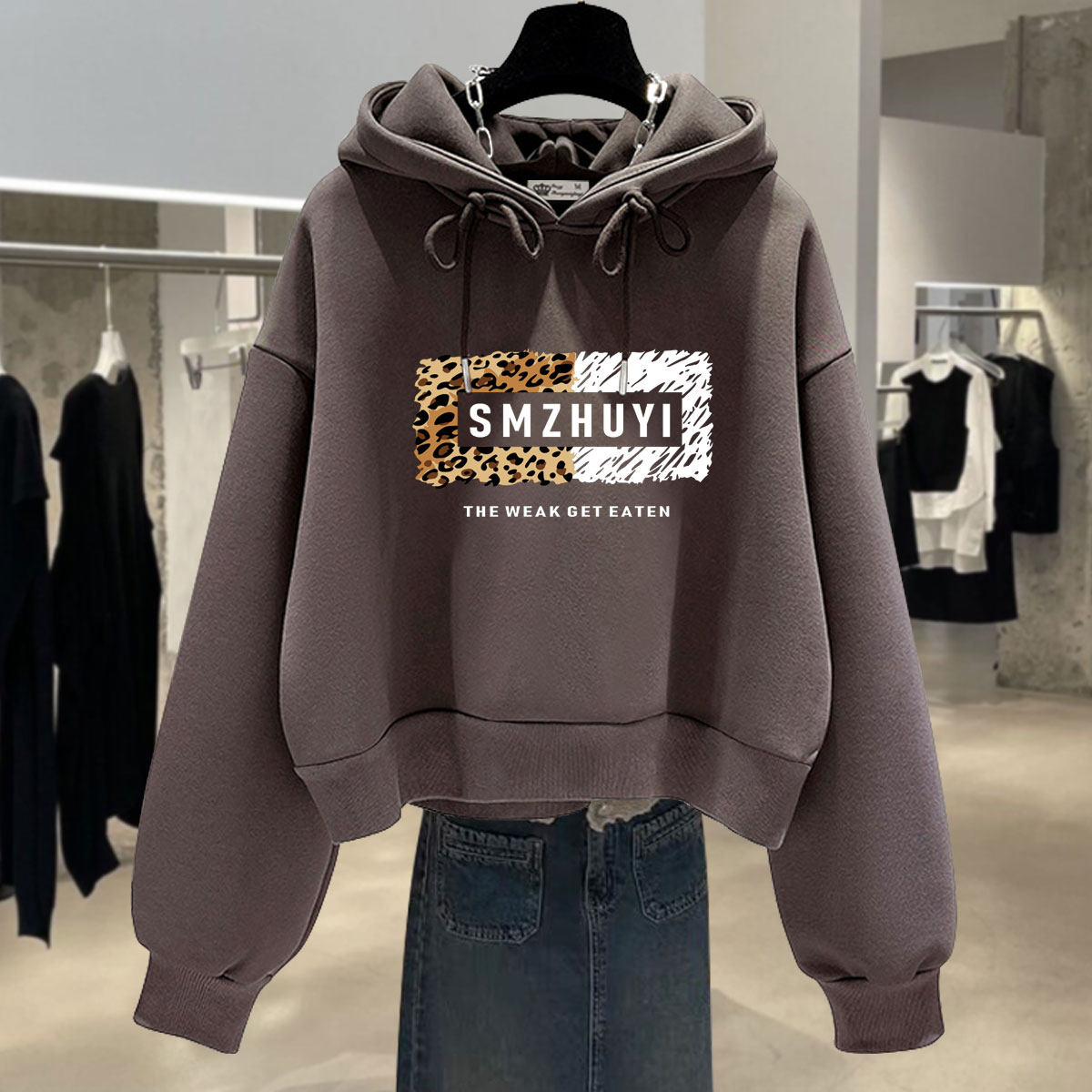 2025春秋冬季新款豹纹字母短款加绒加厚宽松套头黑色连帽卫衣女潮,淘宝优惠券,粉丝福利购,淘宝优惠卷
