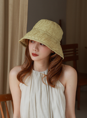大檐渔夫帽女夏季新款户外纯色褶皱小众遮阳帽女士防紫外线防晒帽
