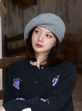 大头围宽松大版型纯色针织贝雷帽女秋冬百搭显脸小毛线画家帽子