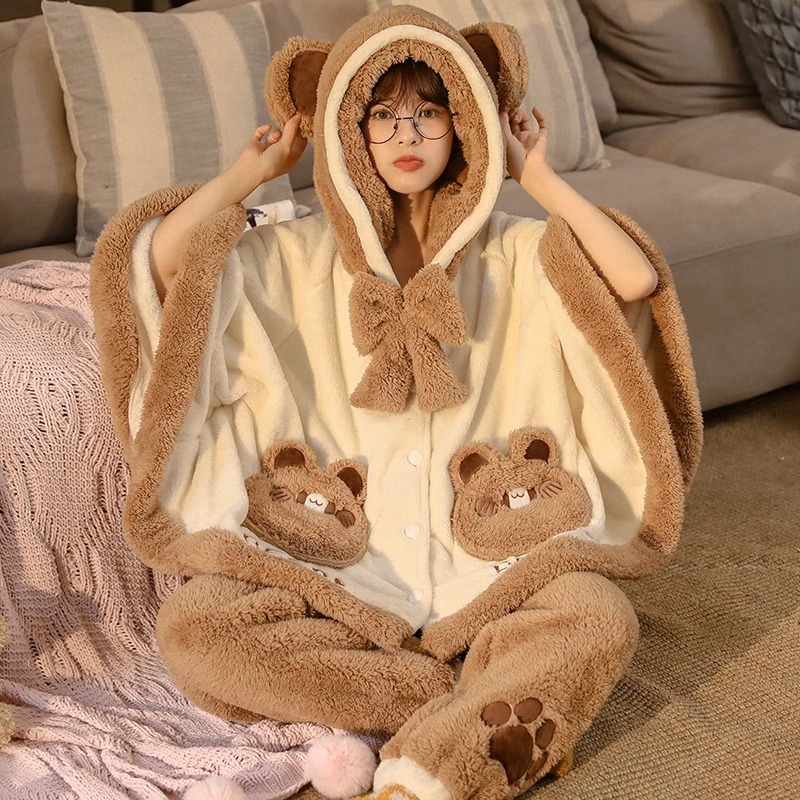 珊瑚绒睡衣女春秋冬季斗篷加绒可爱学生甜美可爱加厚法兰绒家居服 - 图0