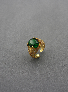 铜镀真金祖母绿锆石戒指女