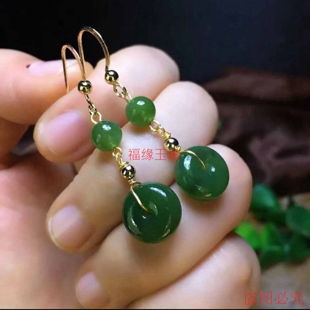 精品和田玉碧玉平安扣耳线耳坠玫瑰金菠菜绿蛋面耳饰耳钩招财礼物,淘宝优惠券,粉丝福利购,淘宝优惠卷