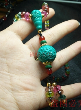 天然湖北原矿绿松石小回纹珠手串项链毛衣链民族风文玩玉饰品原创