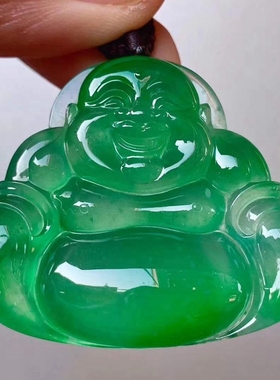 翡翠飘绿雕工配证书佛公吊坠