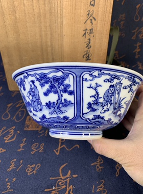 日本进口瓷器全新九谷烧矢口永寿青花钵手绘琴棋书画柴烧收藏品